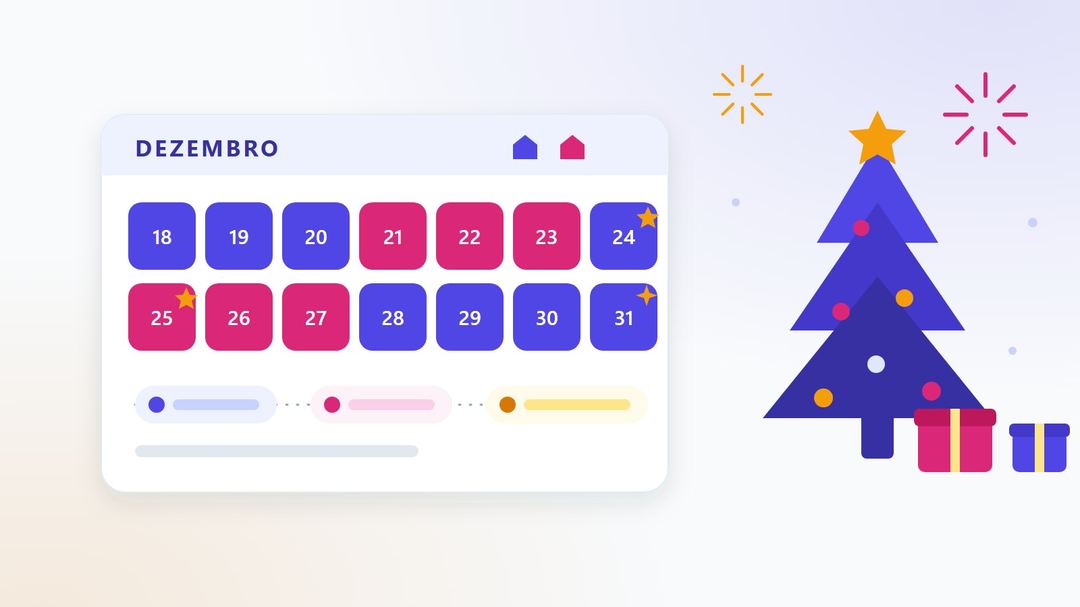Ilustração de um calendário de dezembro com os dias divididos entre duas casas, ao lado de uma árvore de Natal