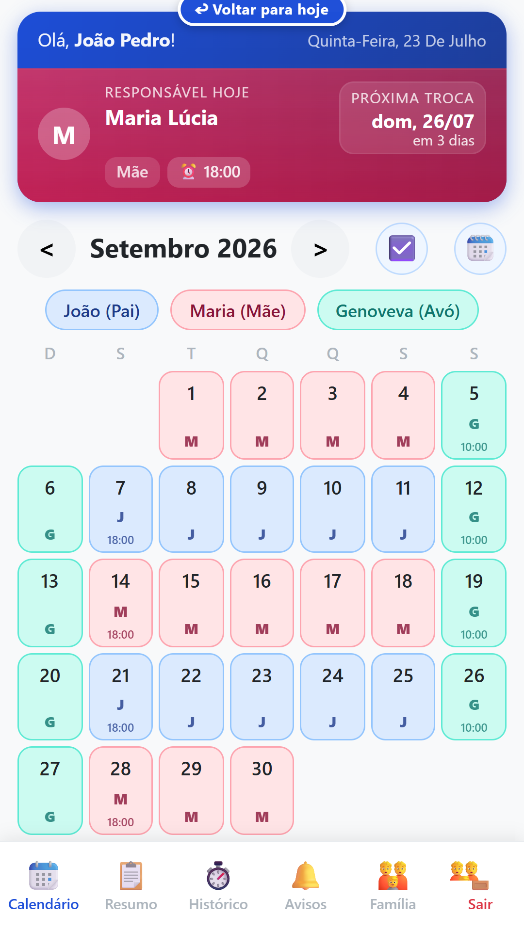 Calendário com três responsáveis — pai, mãe e avó — cada um com a sua cor