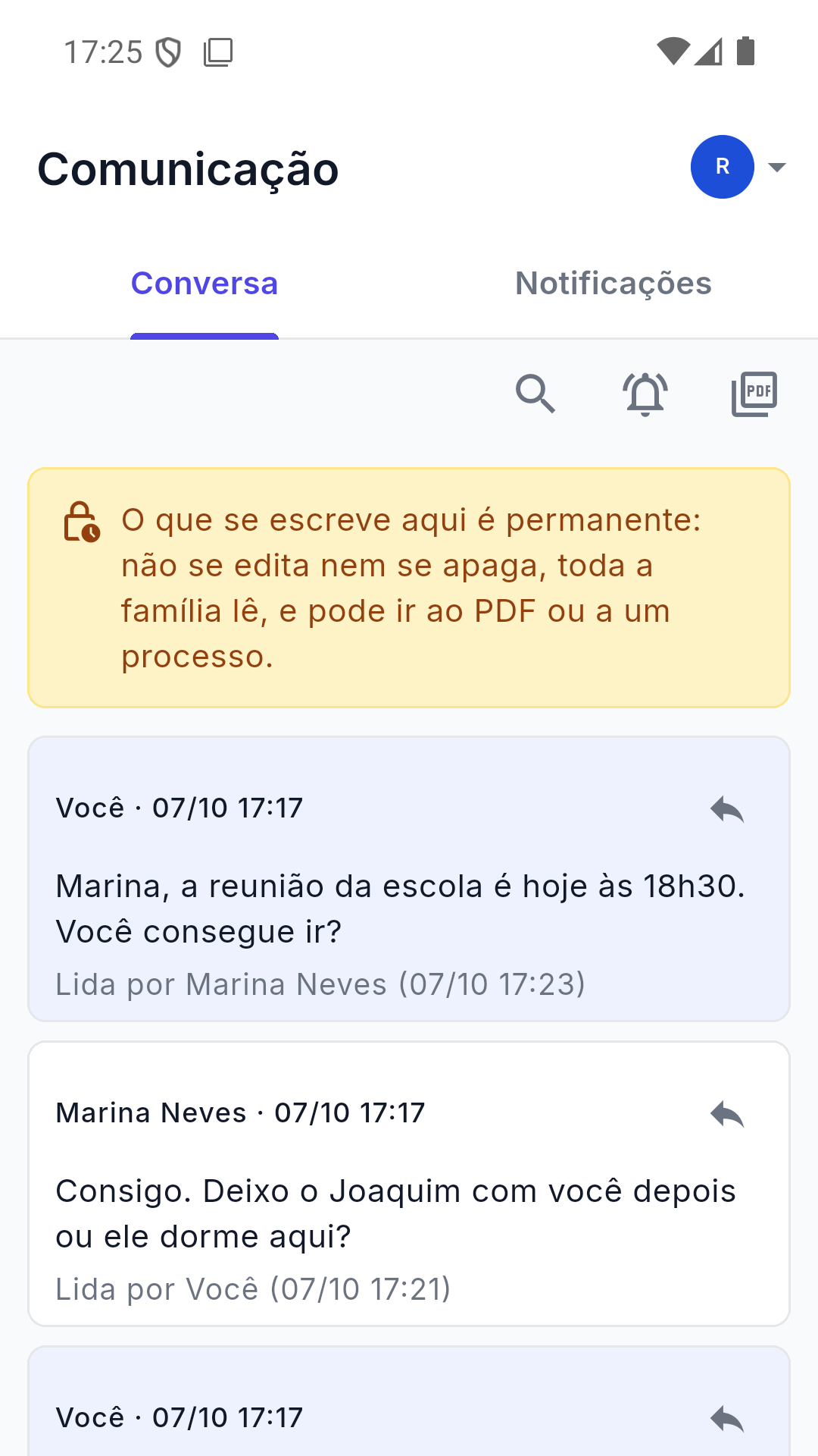 Conversa da família no app: mensagens entre Rafael e Marina com data, hora e quem já leu