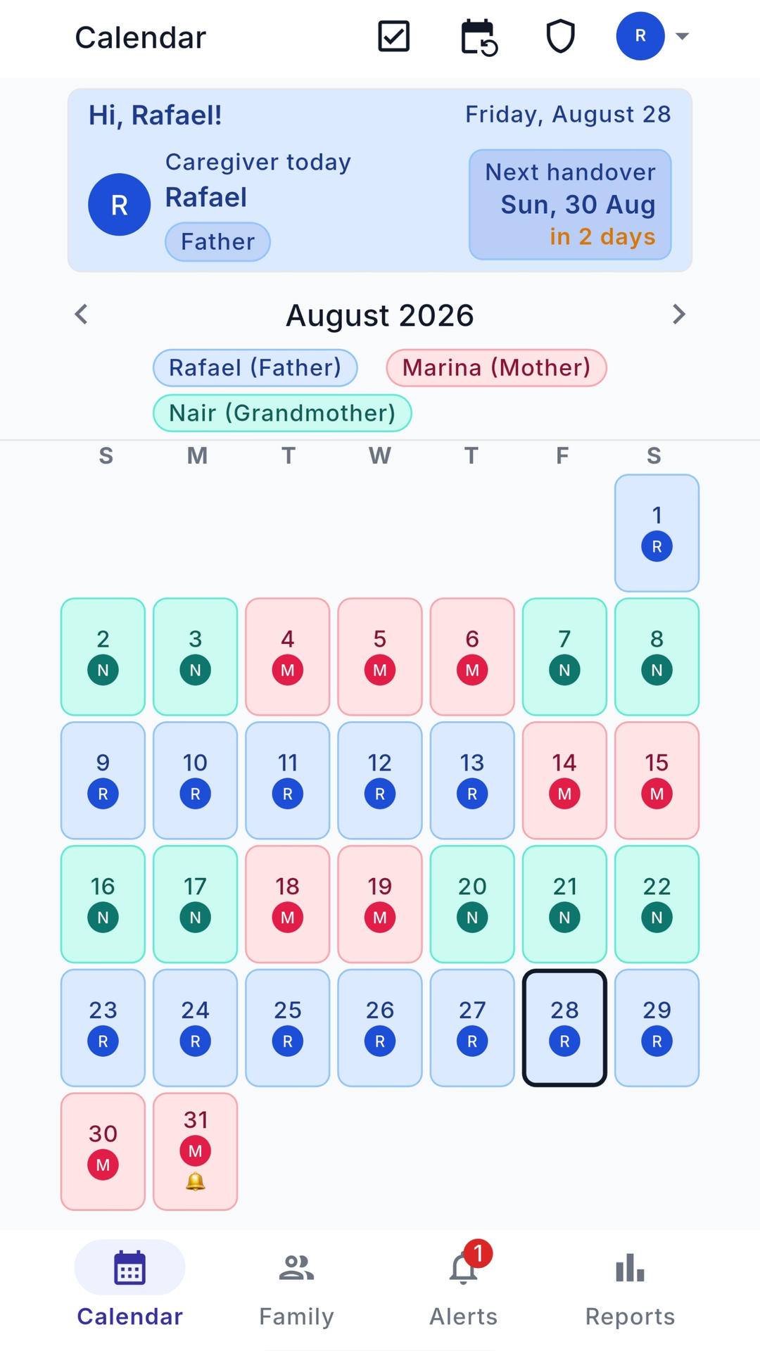A calendar with three caregivers — father, mother and grandmother — each in their own color