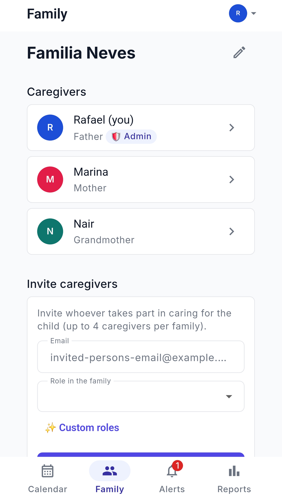 The family screen with the caregivers and the e-mail invitation