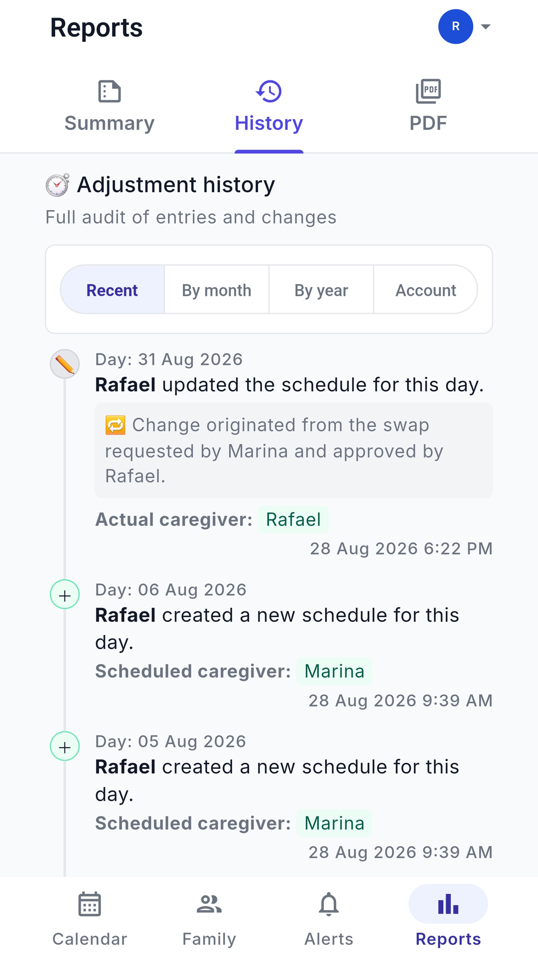 Change history: an immutable log of every change, with date and time
