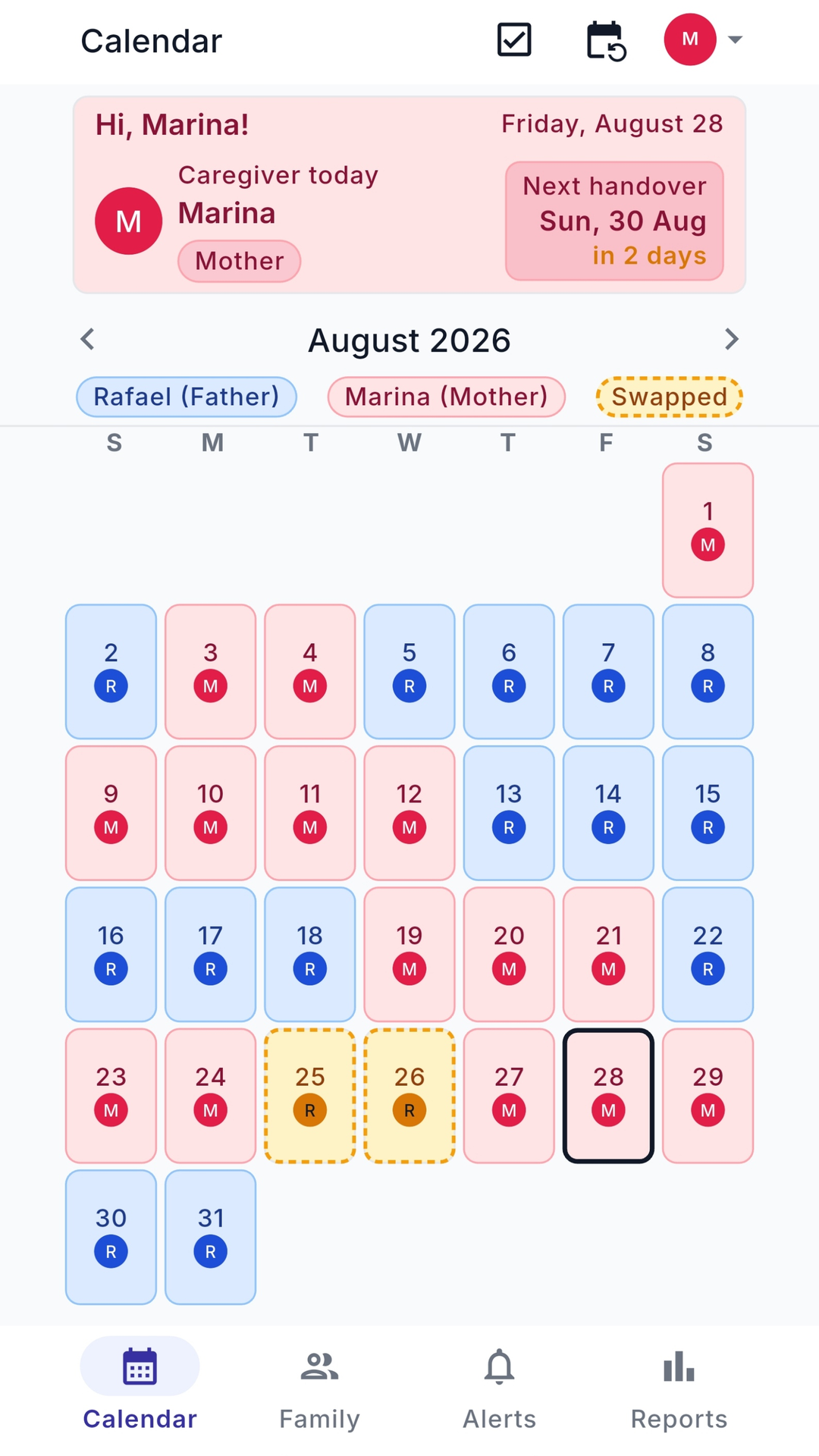 App home screen: a card showing whose day it is, and the month calendar with each day colored by parent