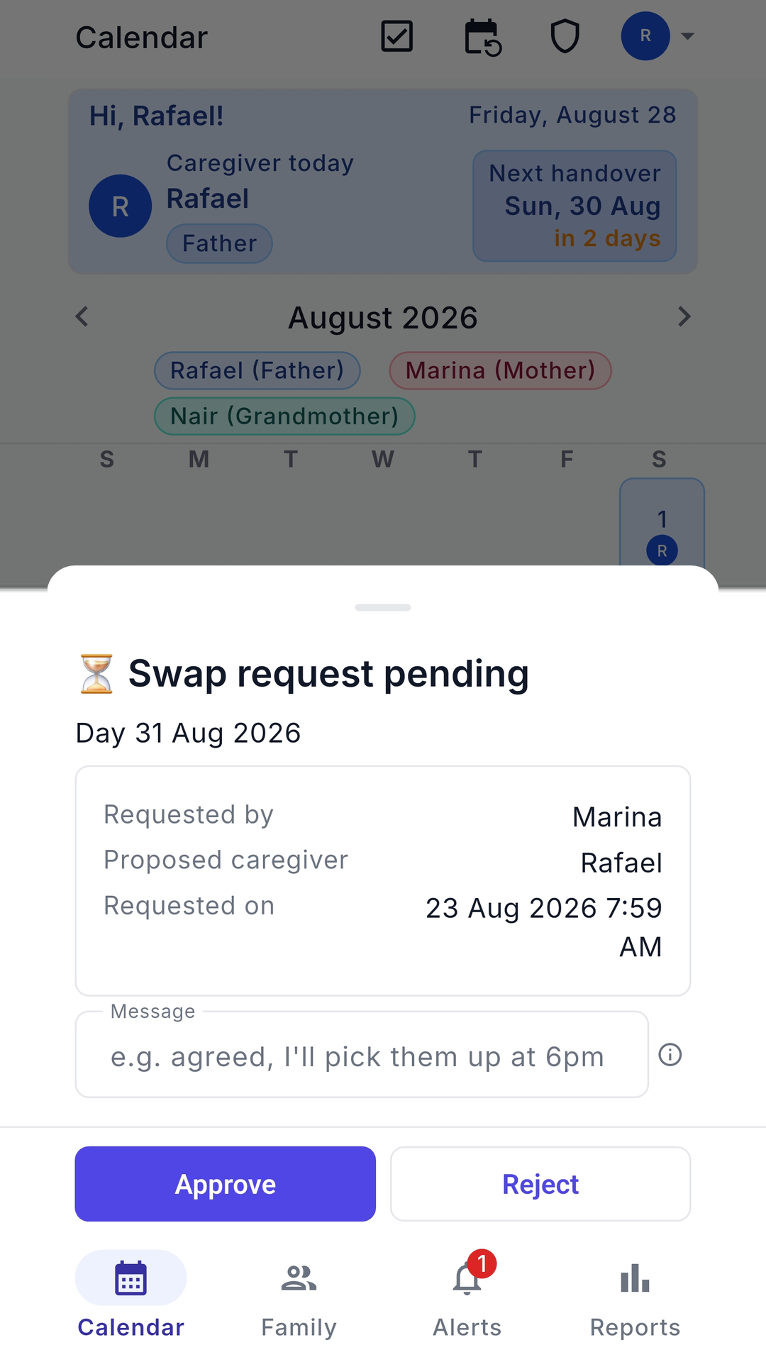 A pending day-swap request with the Approve and Reject buttons
