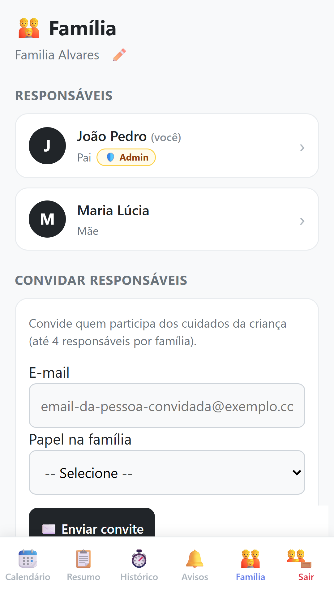 Tela da família com os responsáveis e o convite por e-mail